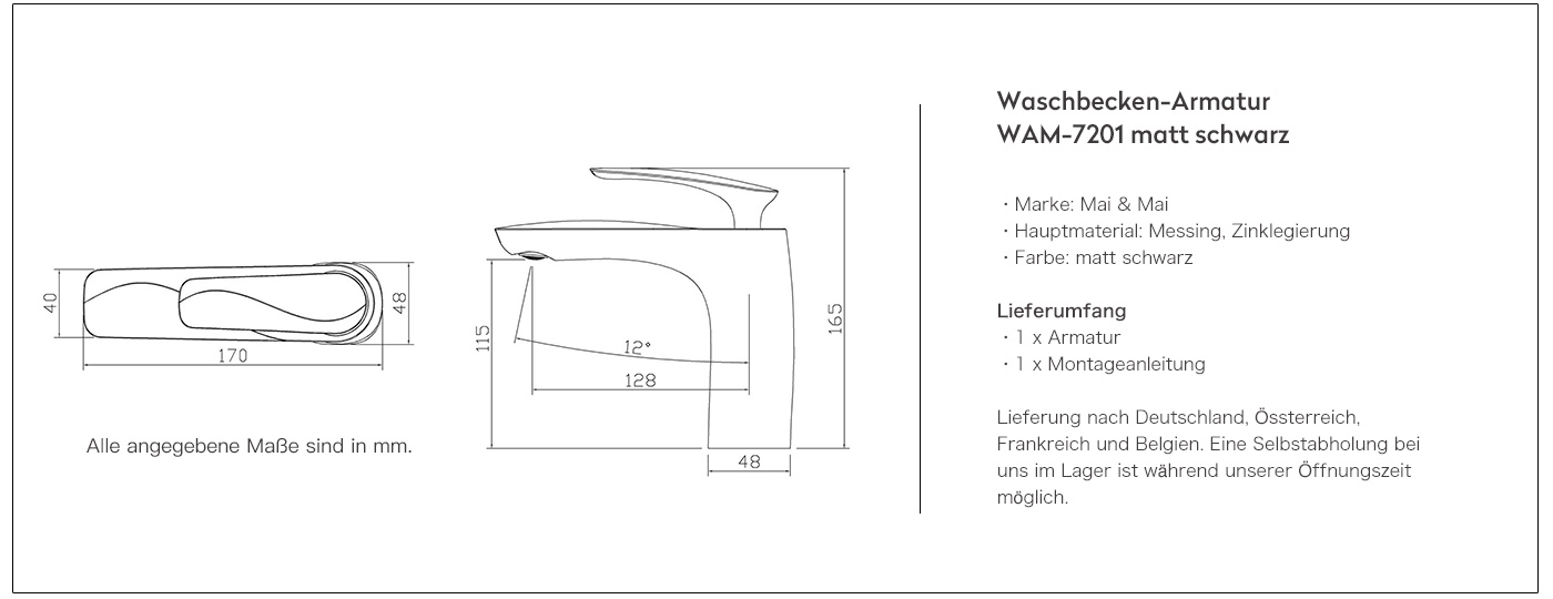 Bad Armatur Matt schwarz Einhebelmischer Wasserhahn Messing verchromt